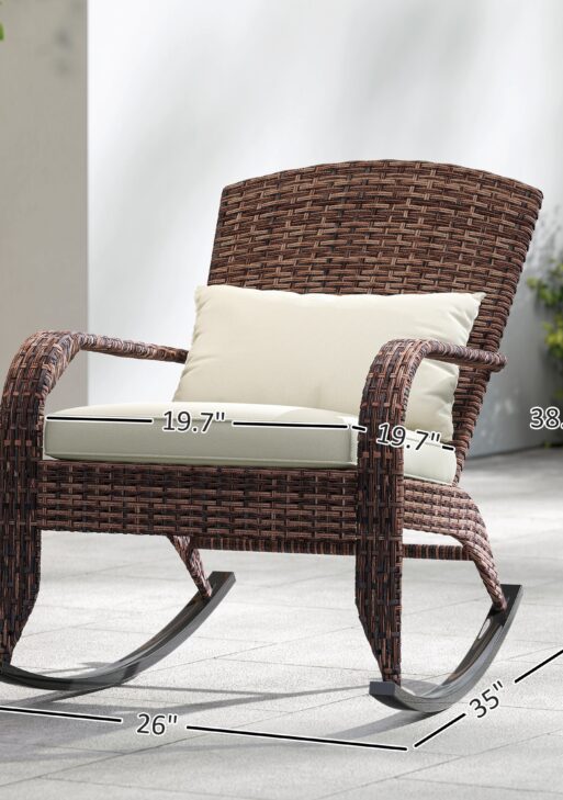 Adirondack Chair, Outdoor Wicker Rocking Chair with High Back, Seat Cushion, and Pillow for Porch, Balcony, Cream White