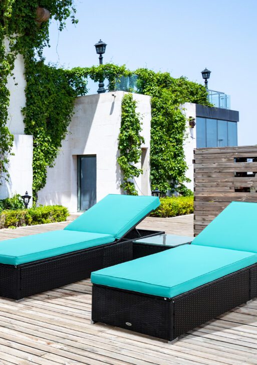 Chaise Lounge Chair Set of 2 with 5 Angle Backrest, Outdoor Coffee Table, Water Repellent Cushions, PE Rattan Wicker Poolside Chairs, 3-Piece Pool Furniture Set, Dark Brown/Turquoise