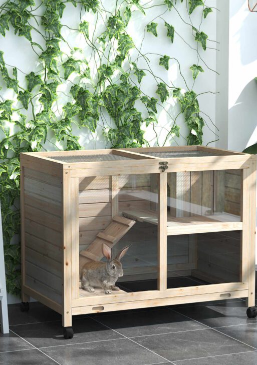 Rabbit Hutch with Wheels, Desk and Side Table Sized, Wooden Rabbit Cage, Waterproof Small Bunny Cage with Removable Tray, Openable Roof, for Rabbits, Chickens, Ducks, Indoor/Outdoor, Natural