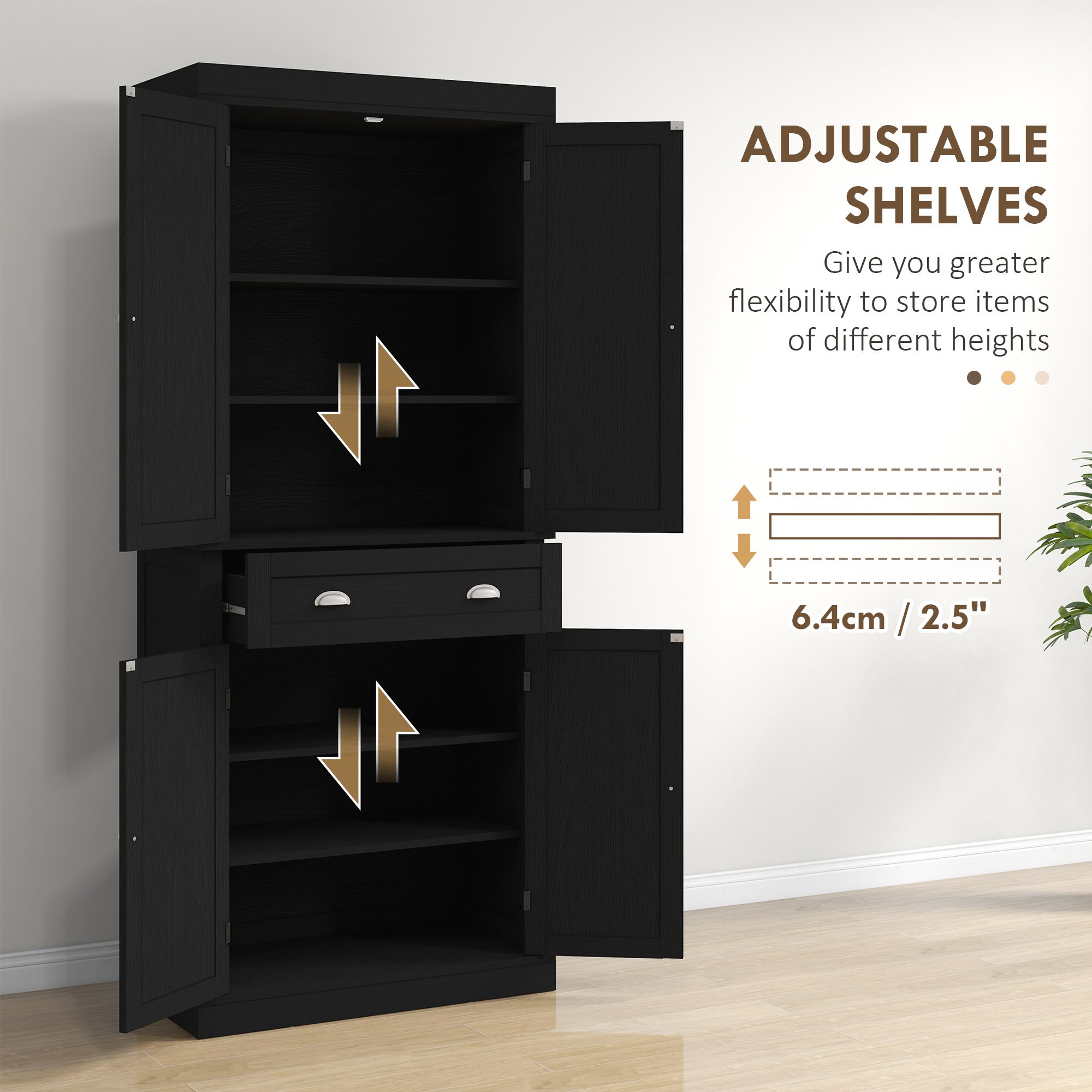 72.5" Kitchen Cabinet, Pantry Storage Cabinet with Doors and Shelves, Freestanding Food Pantry Cabinet, Black Wood Grain - Image 3