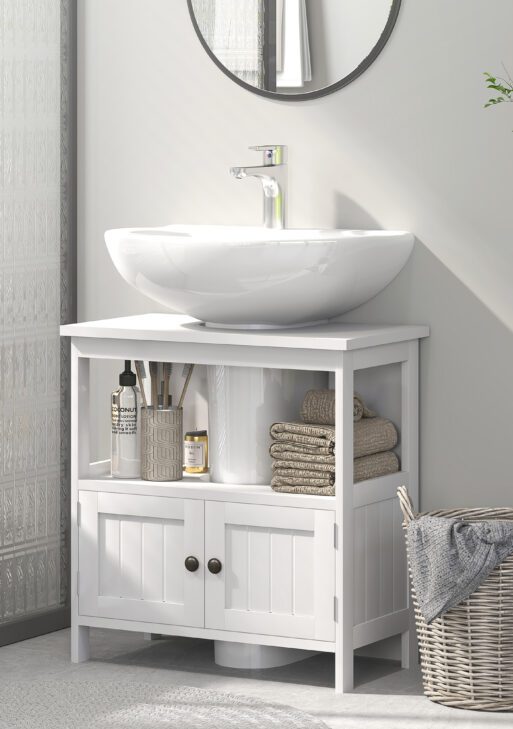 Pedestal Sink Storage Cabinet, Bathroom Under Sink Cabinet with 2 Doors and Open Shelf, Bathroom Vanity, White