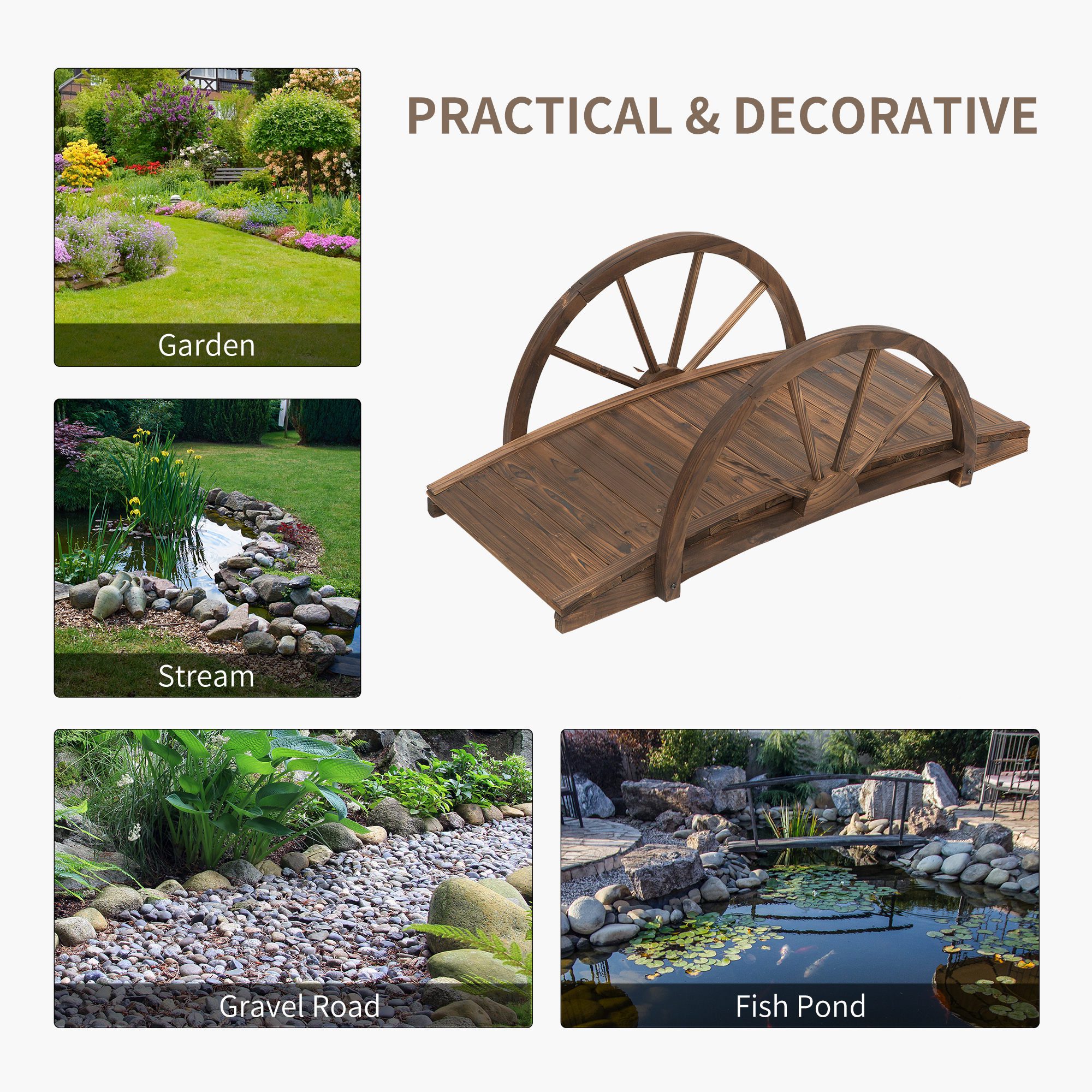 3.3ft Wooden Garden Bridge Arc Footbridge with Half-Wheel Style Railings & Solid Fir Construction, Stained Wood - Image 4