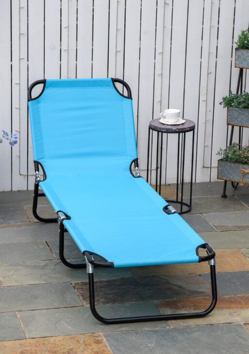 Folding Chaise Lounge Pool Chairs, Outdoor Sun Tanning Chairs with 5-Level Reclining Back, Steel Frame for Beach, Yard, Patio, Sky Blue