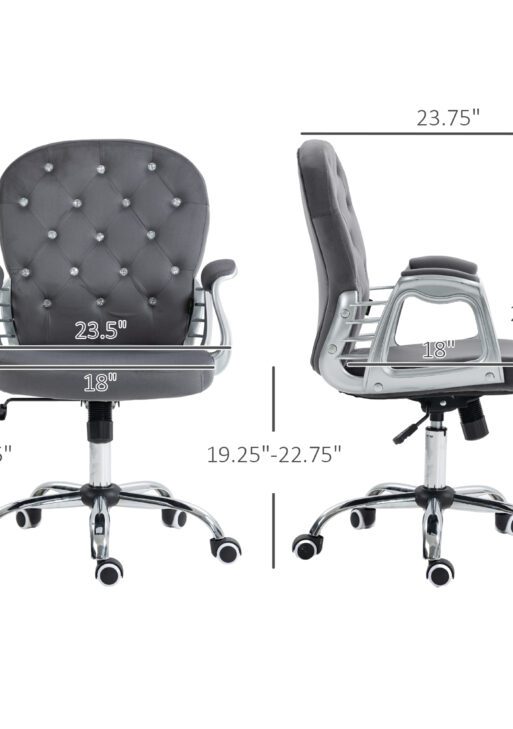 Button Tufted Desk Chair, Home Office Chair with Padded Armrests, Adjustable Height and Swivel Wheels, Dark Gray