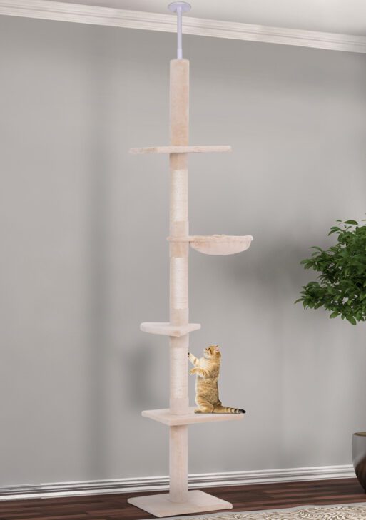 102" Adjustable Height Floor to Ceiling Cat Tree, 5 Level Cat Tower with Scratching Posts, Hammock, Beige