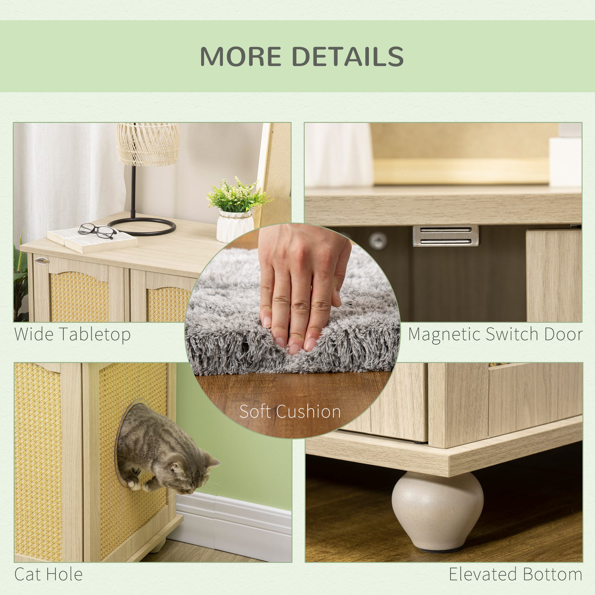 Cat Litter Box Enclosure Side Table, Cat Washroom Storage with Soft Cushion, PE Rattan, Adjustable Partition, Oak - Image 4