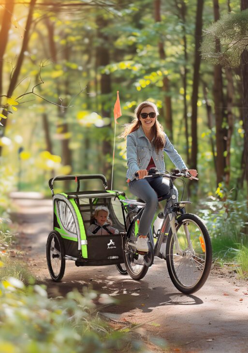 3-in-1 Bike Trailer for Kids, Running Stroller with 2 Seats, Jogging Cart with 5-Point Harness, Storage Units, Green