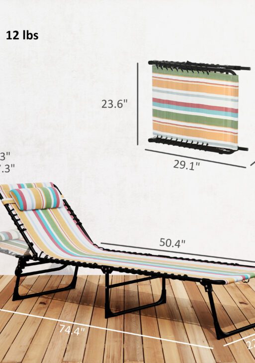 Folding Chaise Lounge Pool Chair with 4-Position Reclining Back, Pillow, Breathable Mesh & Bungee Seat, Rainbow Striped