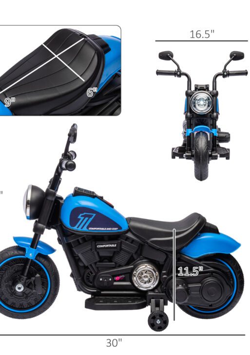 6V Kids Motorcycle w/ Training Wheels, Single-Button Start, Blue