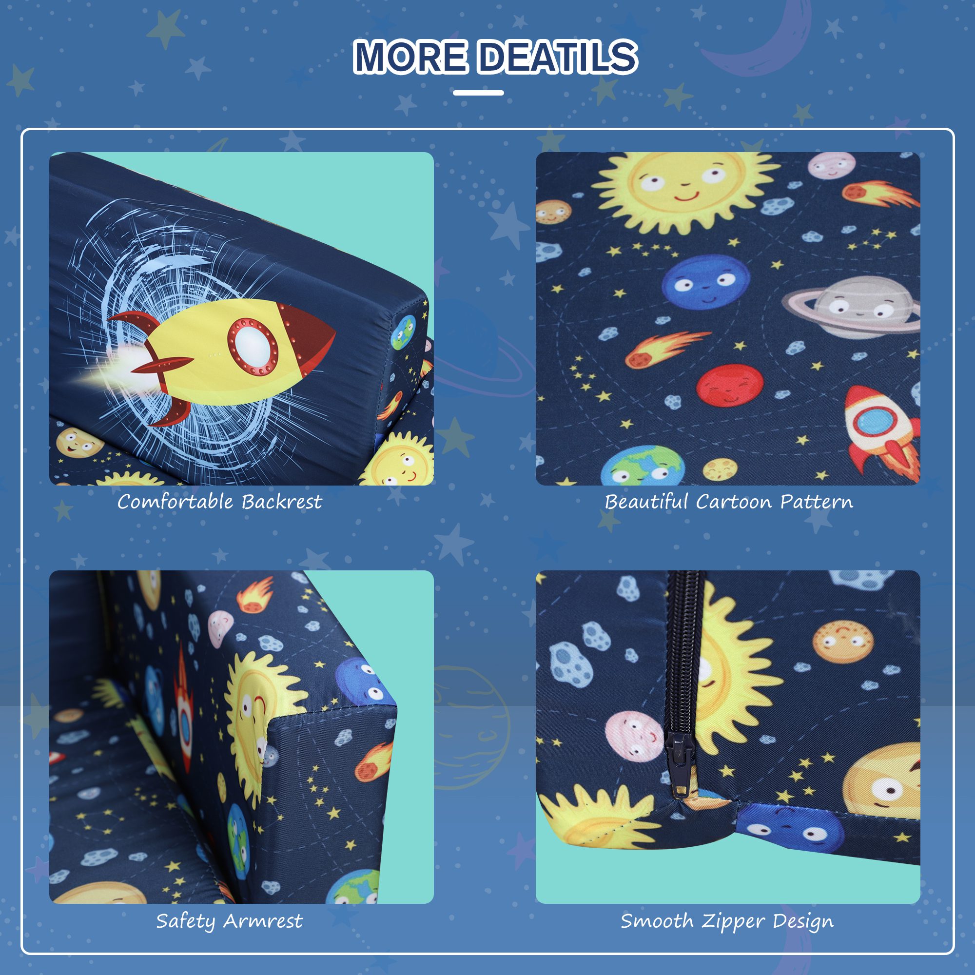 Kids Fold-Out Couch/Chair Lounger with Space-Themed Washable Fabric & Removable Cushion for 3-6 Years Old, Blue - Image 4