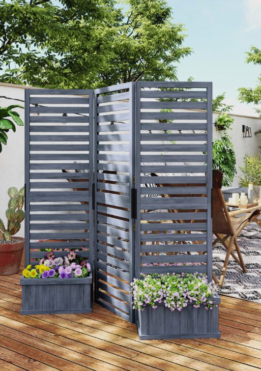 Wood Privacy Screen w/ 4 Planter Box, Raised Bed w/ 3 Panels & Drainage Holes
