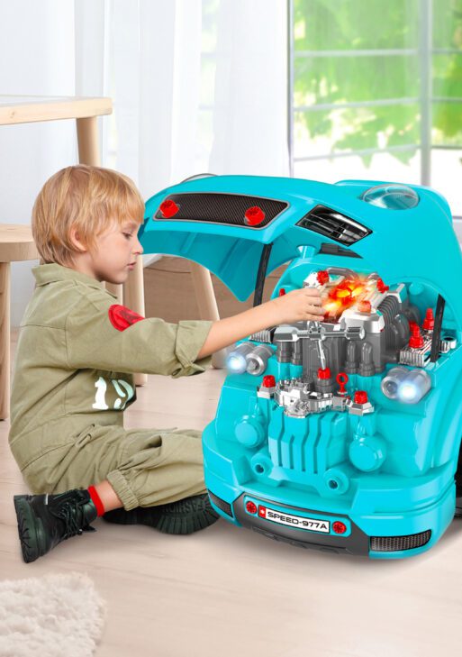 Mechanic Kids Truck Engine Toy Set, Car Service Play Set, Teal