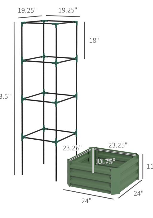 Galvanized Planter Box, 24" x 24" x 73.5" Raised Garden Bed with Tomato Cage for Climbing Vines, Green