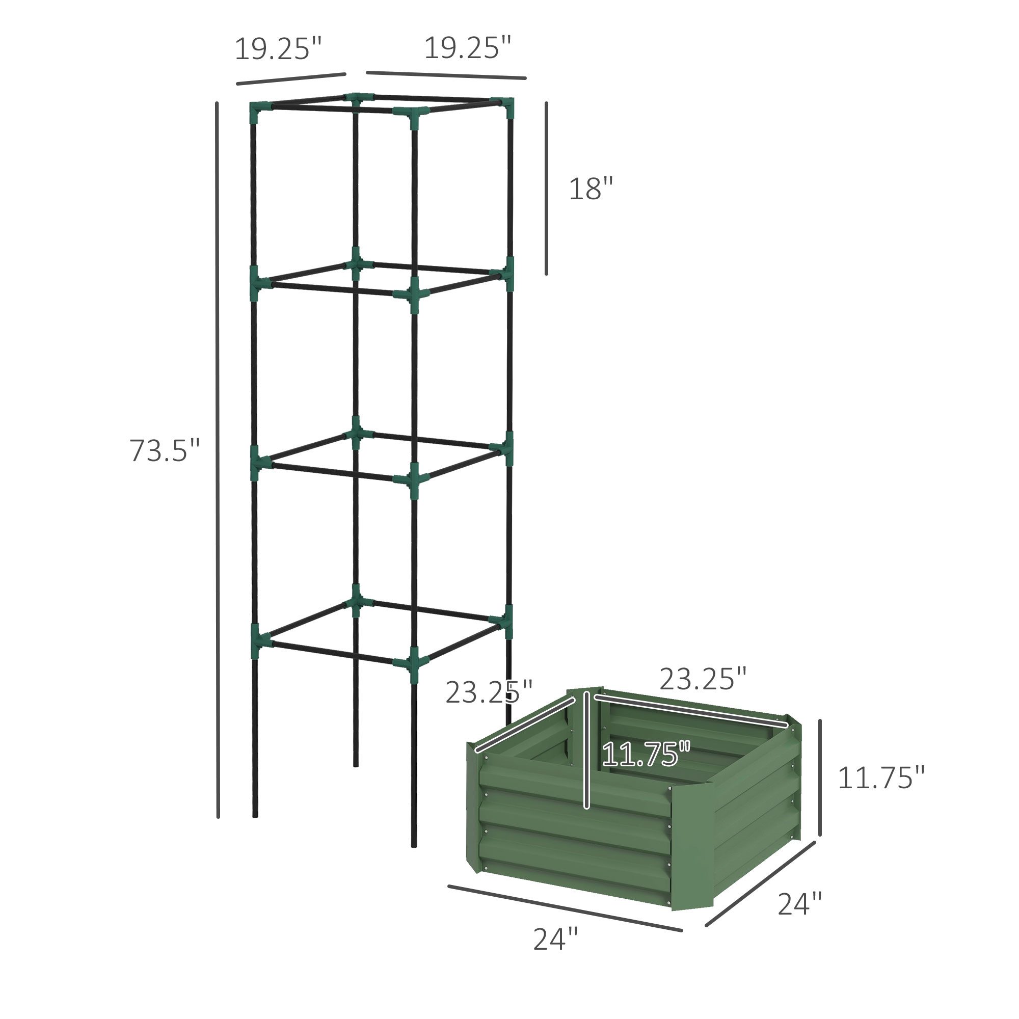 Galvanized Planter Box, 24" x 24" x 73.5" Raised Garden Bed with Tomato Cage for Climbing Vines, Green - Image 1