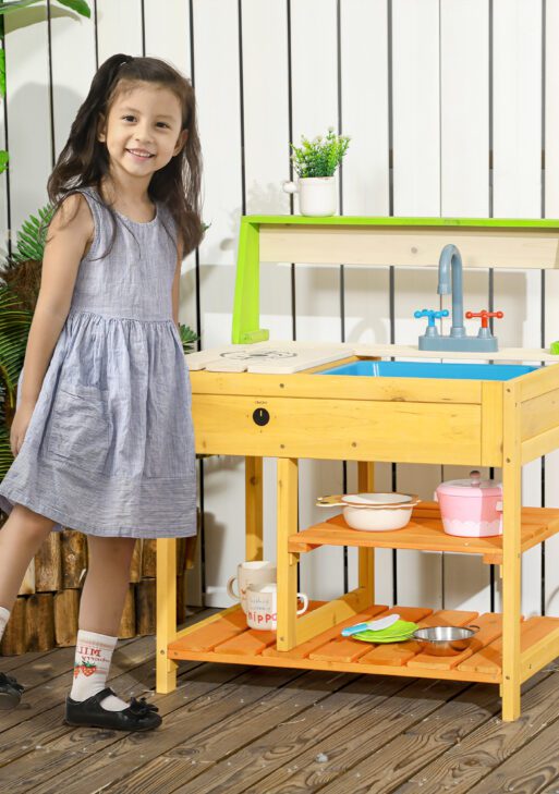 Mud Kitchen for Kids Outdoor Kitchen Playset w/ Realistic Kitchen Toys, Faucet Sink Storage Shelves for Ages 3-8 Years