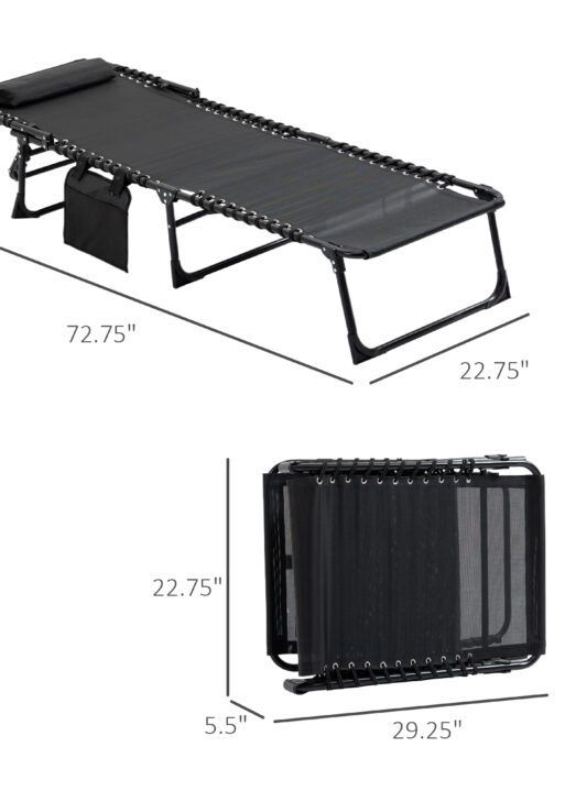 Reclining Chaise Lounge Chair, Portable Sun Lounger, Folding Camping Cot with Adjustable Backrest and Removable Pillow, for Patio, Garden, Beach, Black