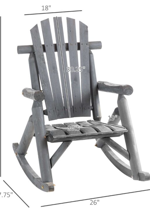 Outdoor Wooden Rocking Chair, Single-Person Adirondack Rocking Patio Chair with Rustic High Back, Slatted Seat and Backrest for Indoor, Backyard, Garden, Dark Gray