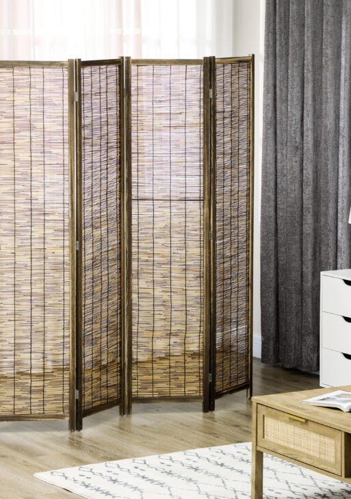 Hand Woven Room Divider, 4 Panel Folding Privacy Screen, Indoor Reed Partition Wall, 63"x67"x0.75", Brown
