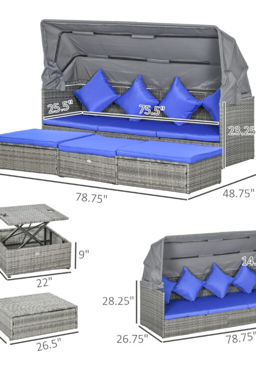 4 Piece Adjustable Canopy Outdoor Rattan Sofa Set w/ Height Adjustable Coffee Table & Cushions, Dark Blue