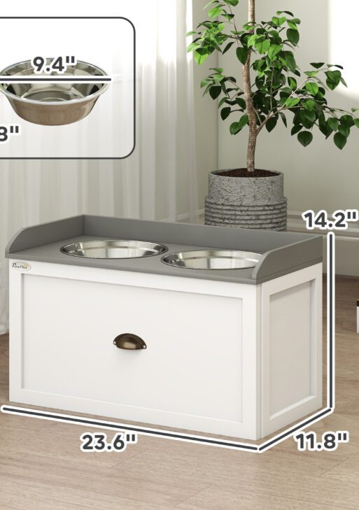 Pet Feeding Station Pet Dish Bowl Set with Storage, 2 Elevated Dog Bowls for Large Sized Dogs, White