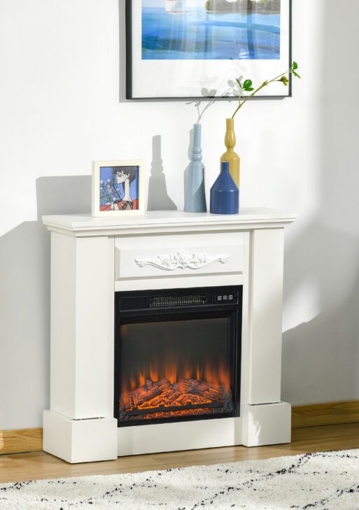 32" Electric Fireplace with Mantel, Freestanding Heater with LED Log Flame, Overheat Protection and Remote Control, 1400W, White