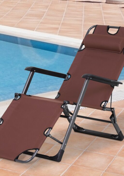 Oxford Fabric Metal Frame Outdoor Pool Sun Lounger Lounge Chair 120°/180°, Brown