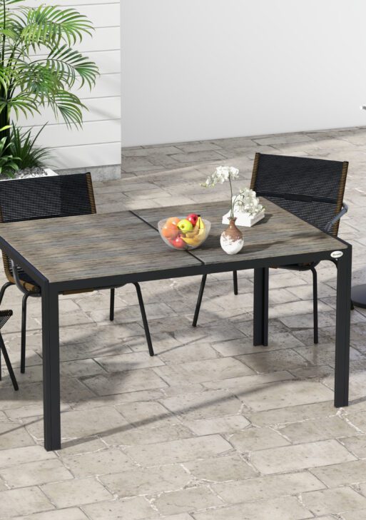 Patio Table for 6 with Aluminum Frame, Faux Wood Tabletop, Rectangular Outdoor Table for Backyard, Lawn, Balcony, Gray