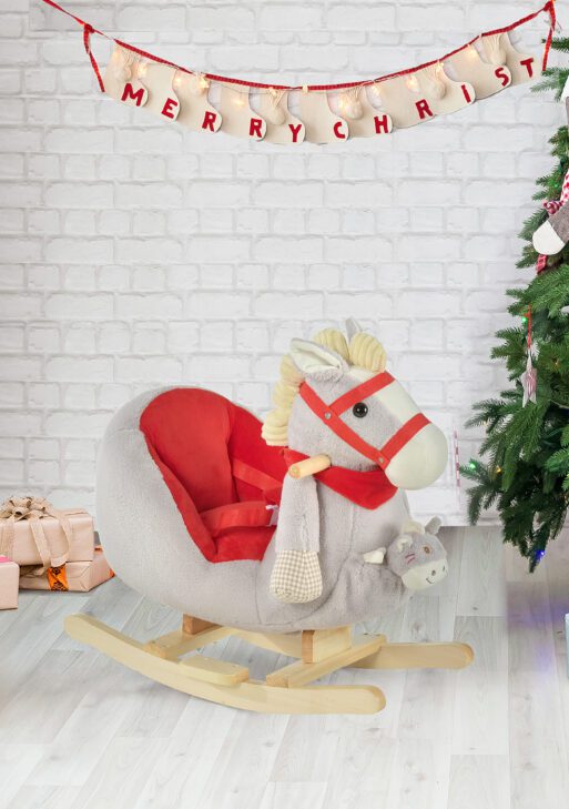 Qaba Kids Ride-On Rocking Horse Toy, Rocker with Lullaby Song, Hand Puppets & Soft Plush Fabric for Children 18-36 Months, Gray