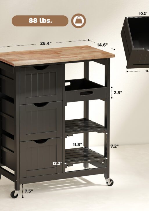 Rolling Kitchen Cart, Kitchen Island with Wood Top, Shelves & Drawers for Dining Area, Black