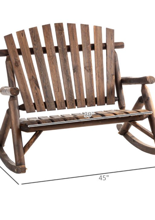 Outdoor Wooden Rocking Chair, Double-Person Adirondack Rocking Patio Chair with Rustic High Back, Slatted Seat and Backrest for Indoor, Backyard, Garden, Carbonized