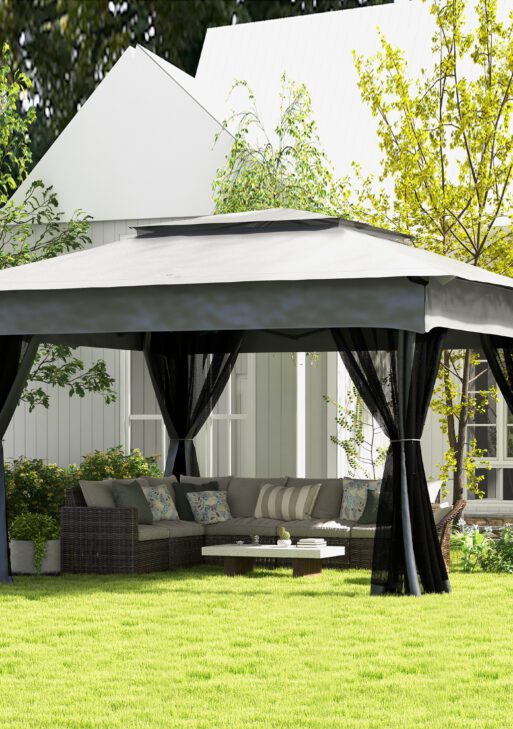11x11 Canopy Gazebo, Portable Outdoor Patio Shelter with Zipper Mesh Privacy Netting, Carry Bag Included, for Family Use, Light Gray