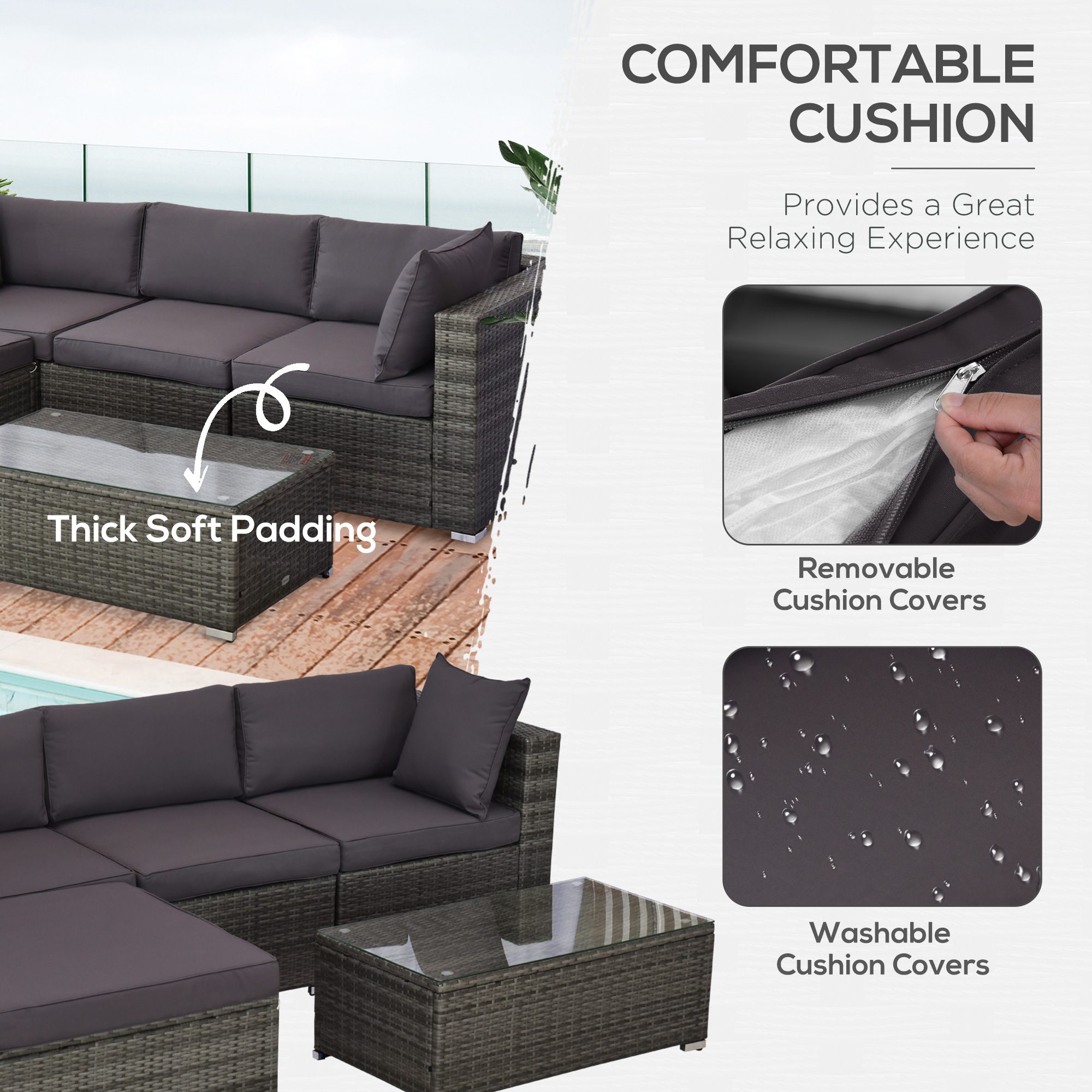 5-Piece Outdoor Sectional Furniture, Patio Sofa Set, PE Wicker Couch, Cushions, Pillows, Ottoman, Table, Charcoal - Image 3