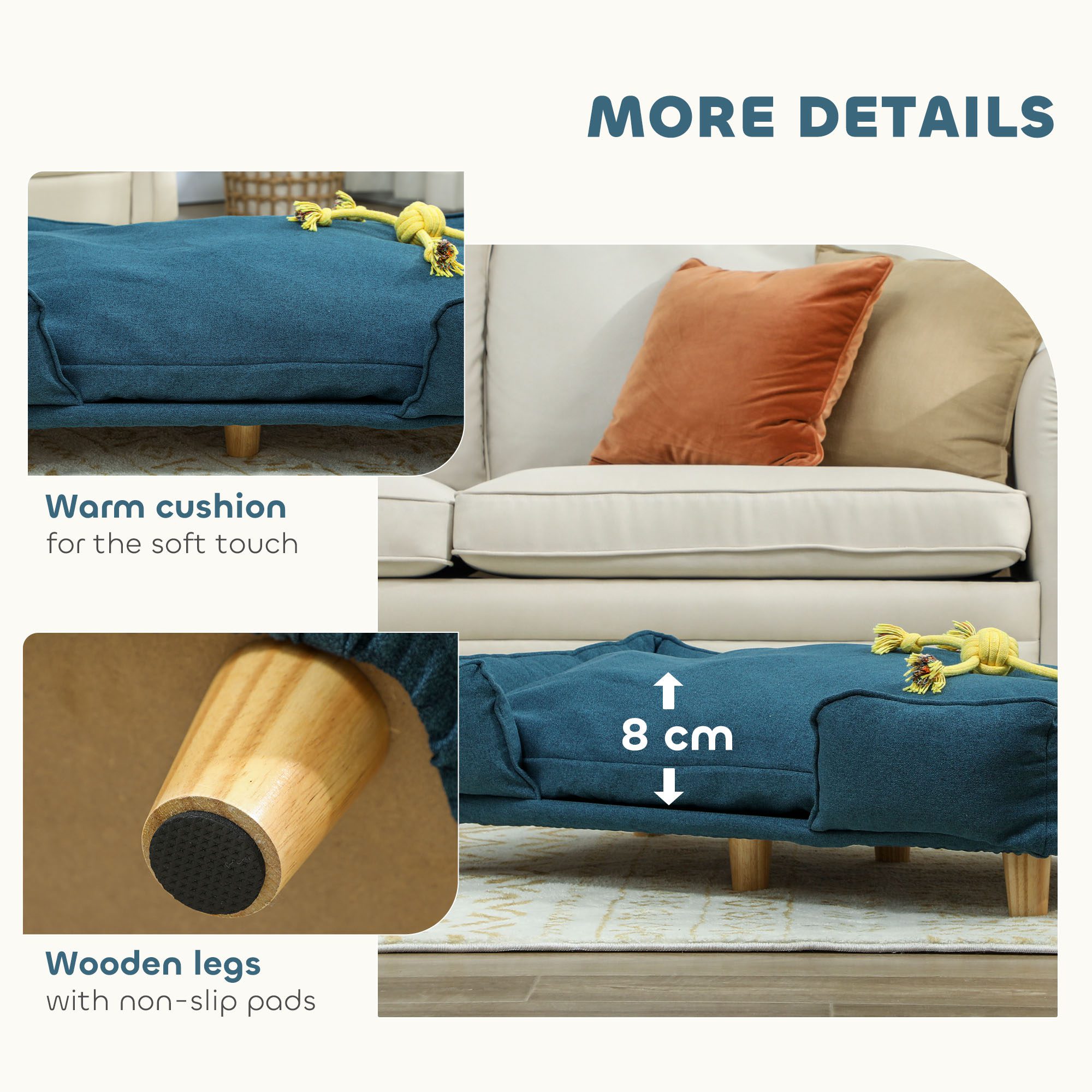 Raised Dog Couch with Comfortable Cushion, Pine Wood Legs, Foot Pads for Large-Sized Dogs Indoor Use, Dark Blue - Image 4