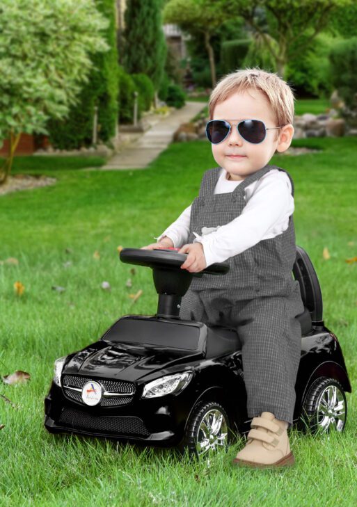 Kids Ride On Push Car, Foot-to-Floor Walking Sliding Toy Car for Toddler with Working Horn, Music, Headlights and Storage, Black