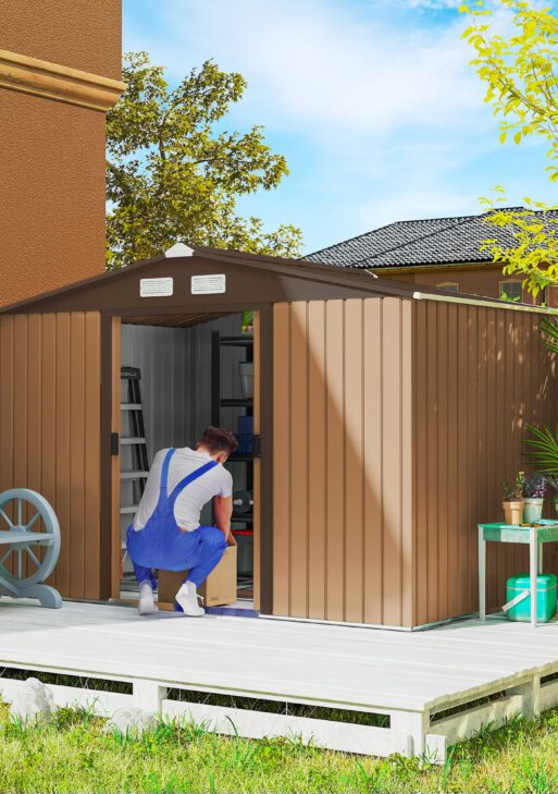9' x 6' Outdoor Storage Shed, Garden Tool Metal Shed with Foundation Kit, Double Lockable Door, Air Vents and Sloping Roof, for Backyard, Patio, Lawn, Yellow