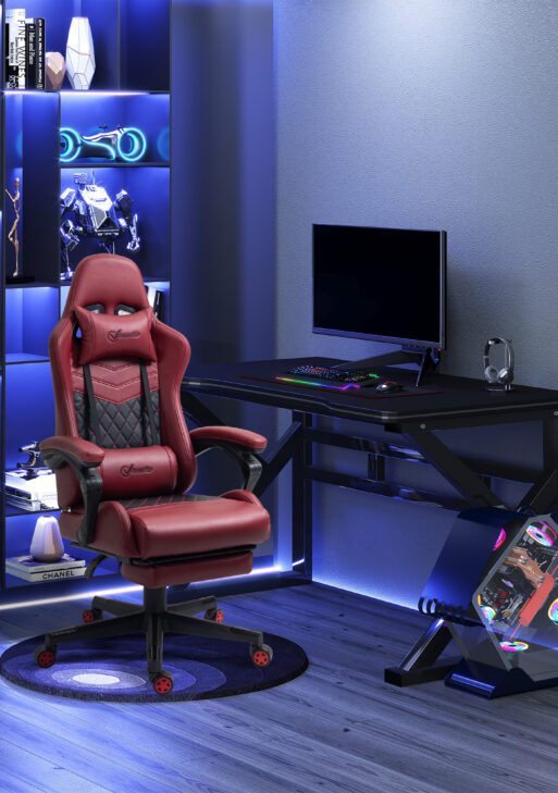 Racing Gaming Chair Diamond PU Leather Office Gamer Chair High Back Swivel Recliner with Footrest, Lumbar Support, Adjustable Height, Red