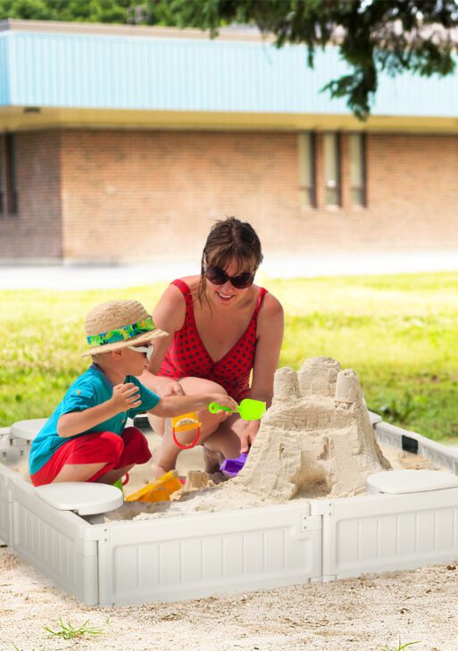 Kids Outdoor Sandbox with Cover Garden Bed, Easy Assembly for Backyard, Cream White, 48.5" x 48.5" x 8.25"