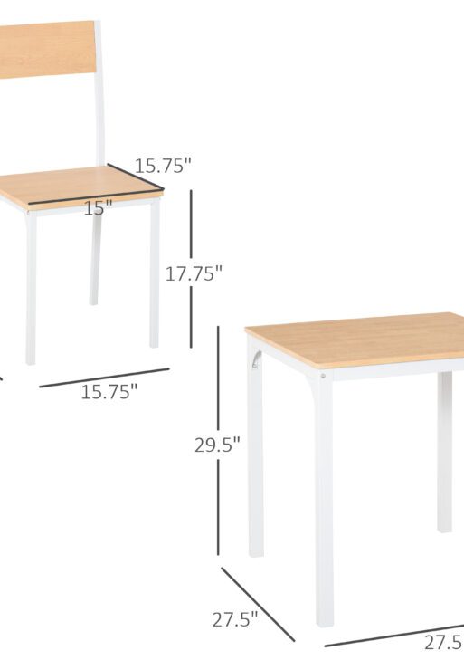 3-Piece Wooden Square Dining Table Set with 1 Table and 2 Chairs and Sturdy Metal Frame for Small Space, White