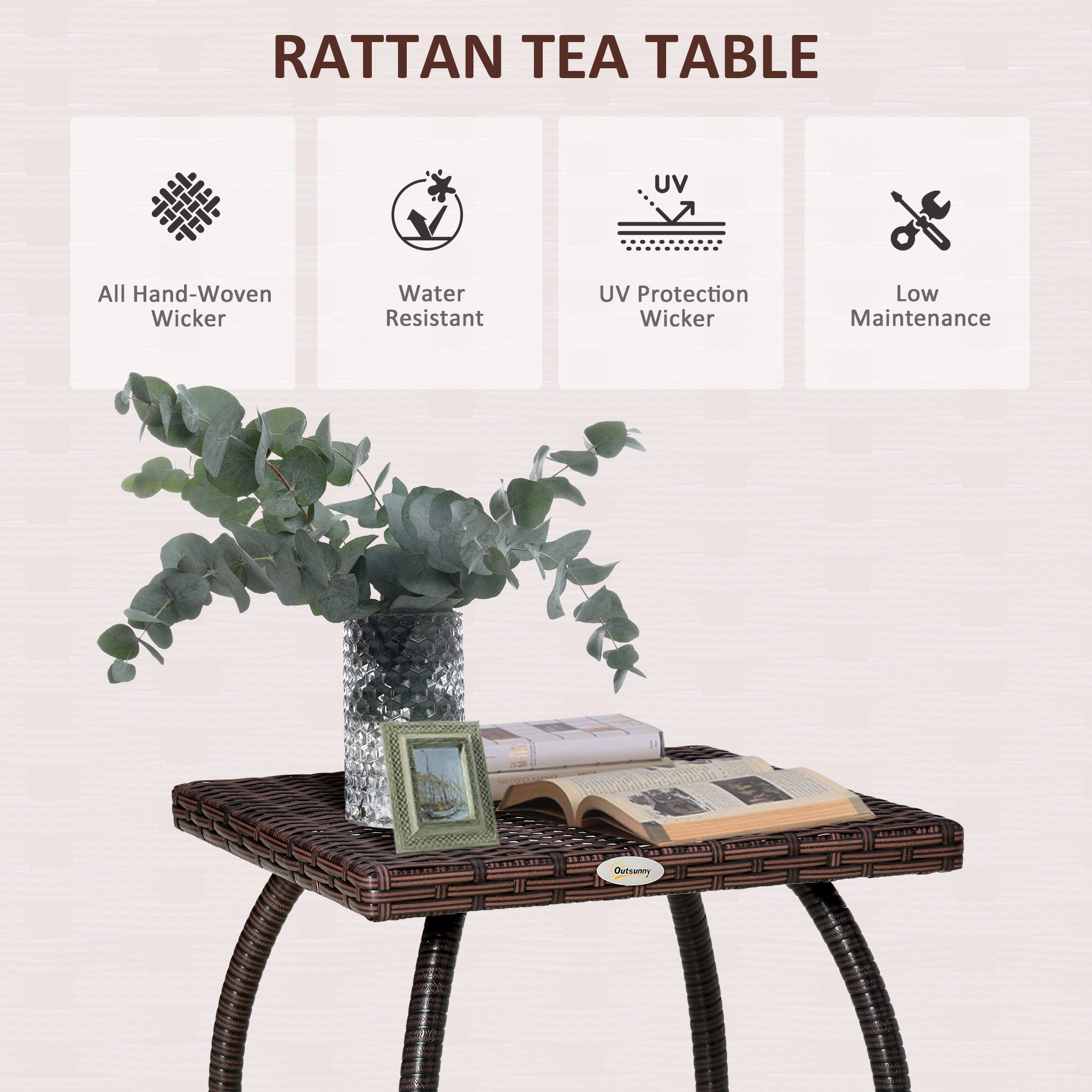 Outdoor PE Wicker Side Table, Small Square Rattan End Table, All-Weather Material Coffee Table for Garden, Balcony, Backyard, Brown - Image 2
