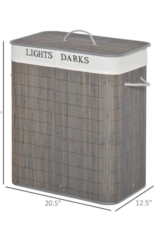 Bamboo Laundry Basket with Lid and String Handles, Collapsible Laundry Hamper with 2 Removable Bags, Gray