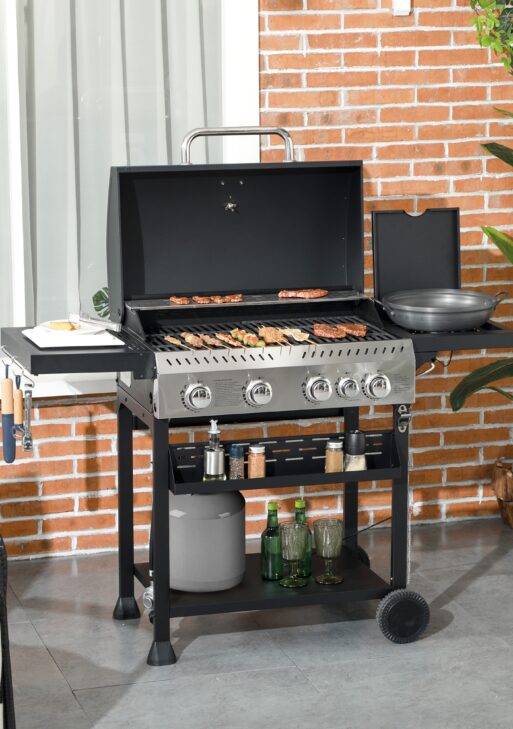 4 Burner Propane Gas Grill with Side Burner, 40,000 BTU Outdoor Barbeque with Shelves, Thermometer, Bottle Opener, Black