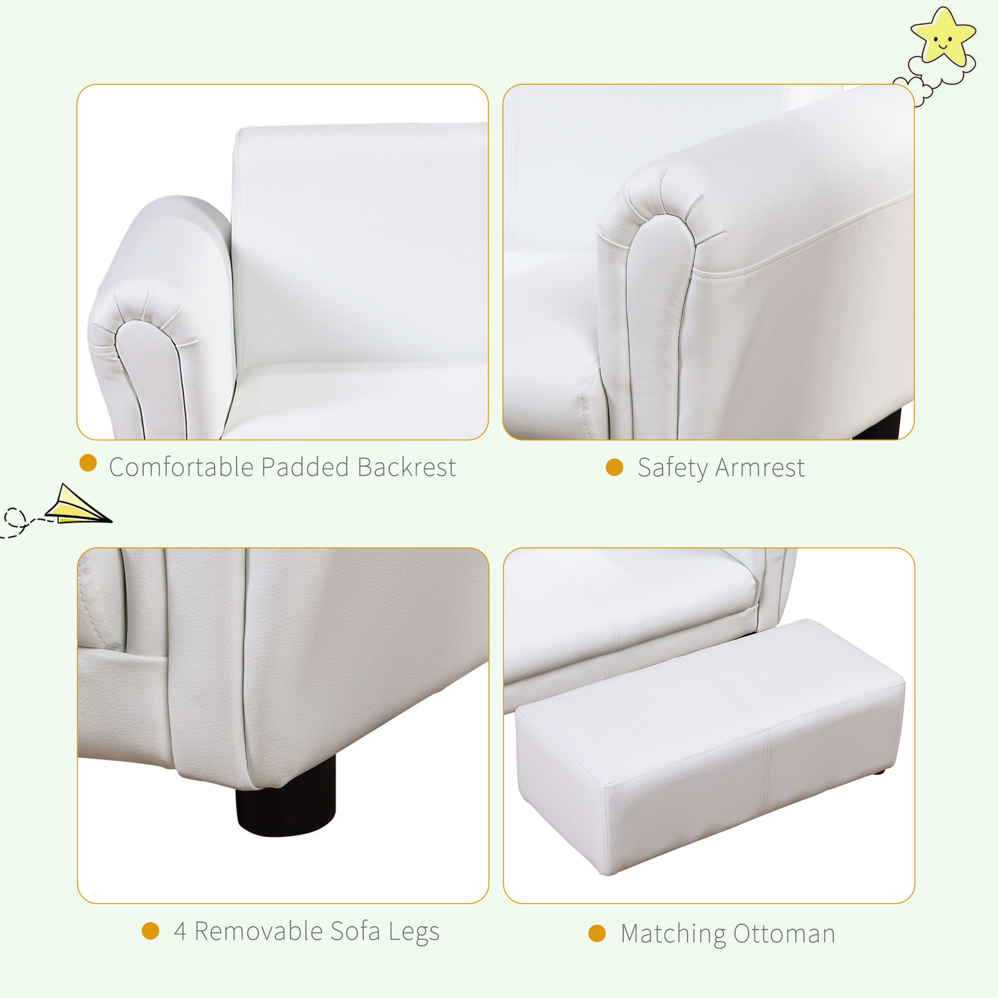 Kids Sofa Set with Footstool for Toddlers and Babies, White - Image 5