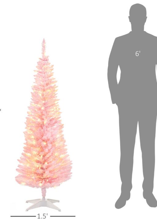 5ft Pencil Christmas Tree, Slim Artificial Christmas Tree with Realistic Branches and Warm White LED Lights, Pink