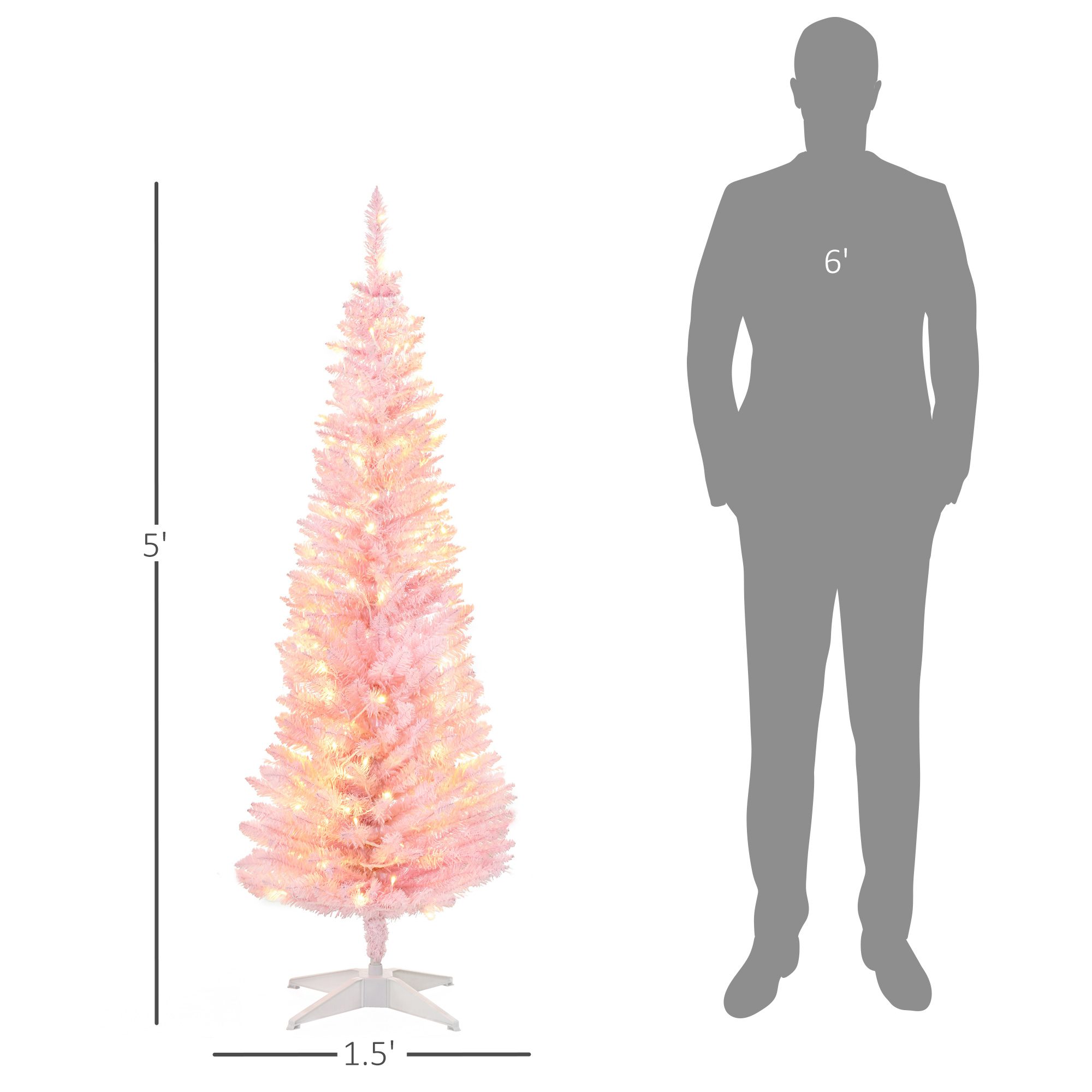 5ft Pencil Christmas Tree, Slim Artificial Christmas Tree with Realistic Branches and Warm White LED Lights, Pink - Image 1