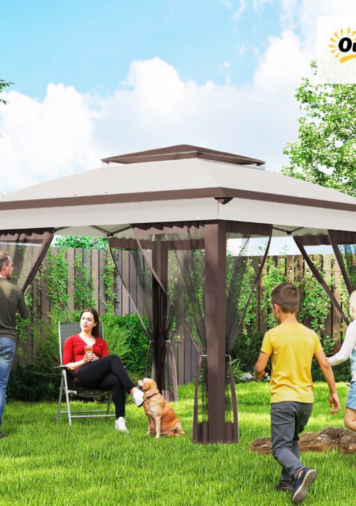 12' x 12' Pop Up Canopy Tent with Netting and Carry Bag, Instant Sun Shelter with 137 sq.ft Shade, Beige and Brown