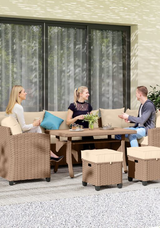 6 Piece Patio Furniture Set, PE Wicker Outdoor Furniture Conversation Set with 3 Sofas, 2 Ottomans and Slatted WPC Top Dining Table, All Weather Sectional Sofa Couch with Pillows, Khaki