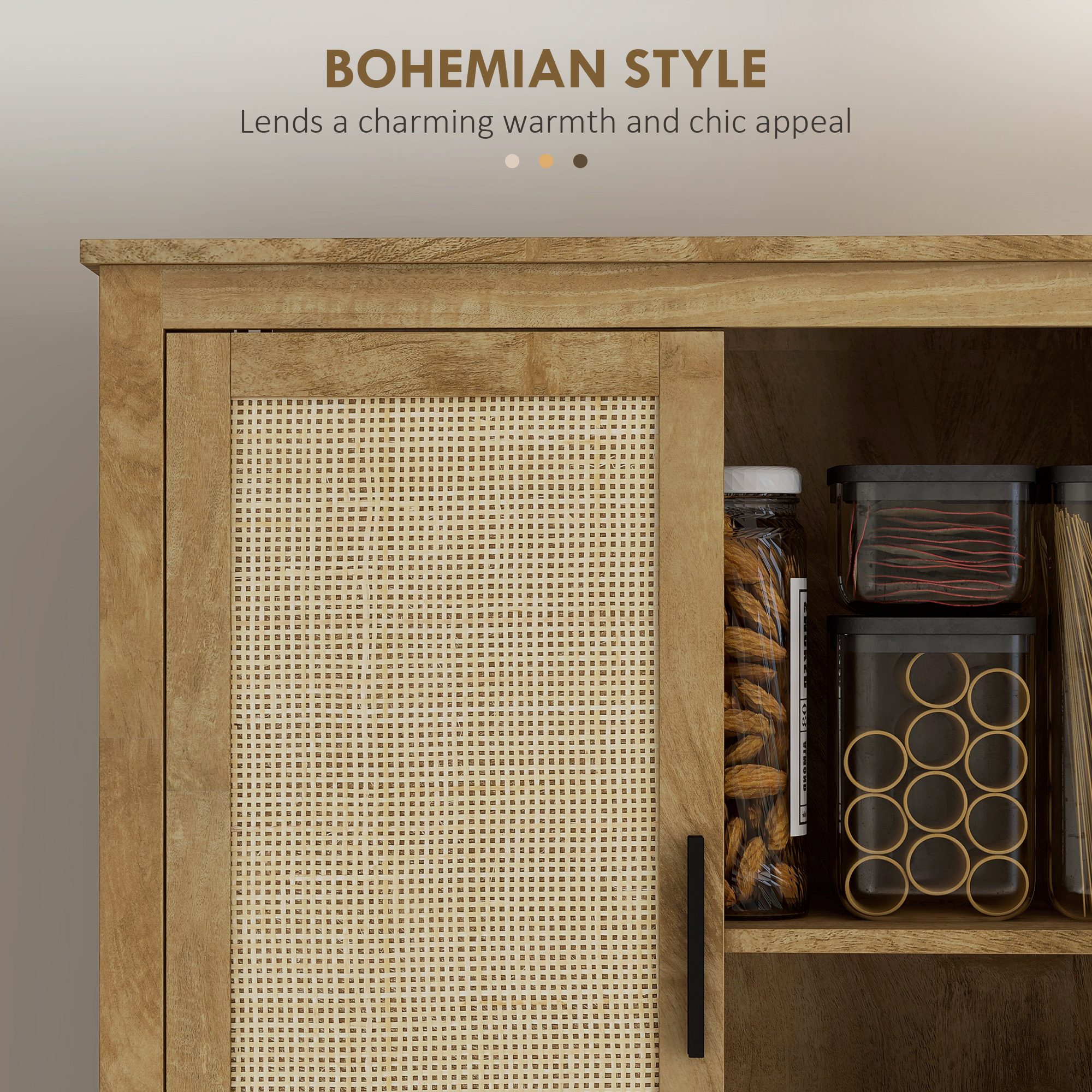 64" Kitchen Pantry, Tall Storage Cabinet with 4 Rattan Doors, 4 Tier Shelves and Adjustable Shelf, Natural - Image 2