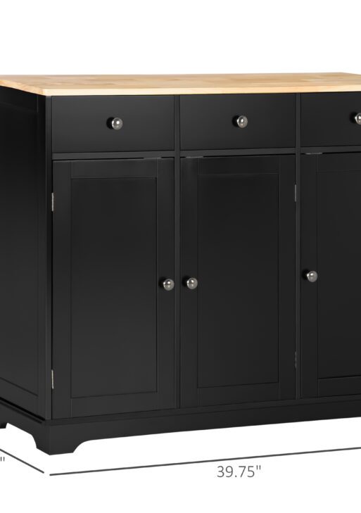 Kitchen Storage Cabinet, Sideboard Floor Cupboard with Solid Wood Top, Adjustable Shelf, and 3 Drawers, Black
