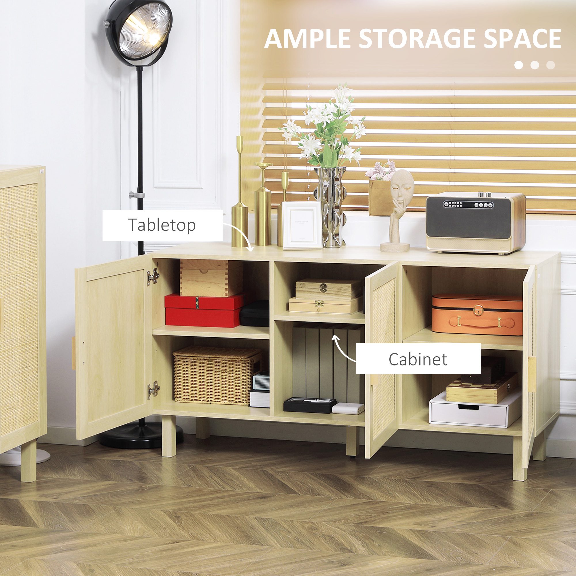 Boho Kitchen Cabinet, Buffet Cabinet with 3 Rattan Doors and Adjustable Shelves for Dining Room, Natural - Image 2