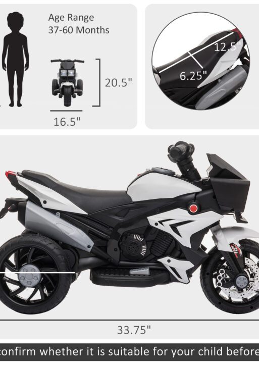 6V Kids Motorcycle Toddler Ride-on Toy, High-Traction Battery-Operated Mini Electric Motorbike with Forward/Reverse Switch, Music, Headlights, Horn, White